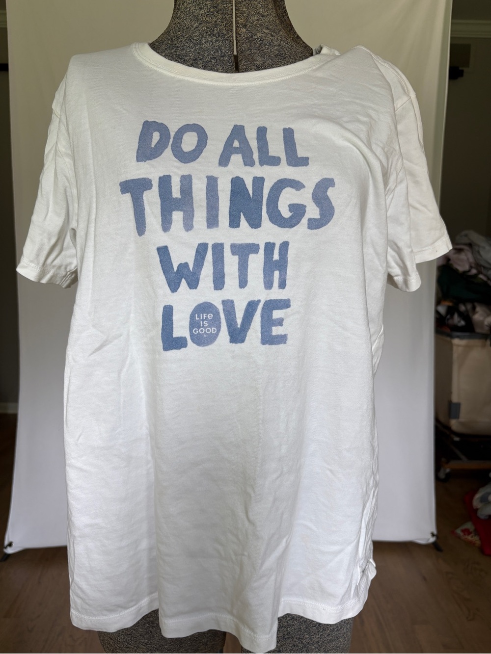 Life Is Good White Tee with Small Black Text Patch